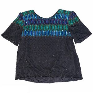 Vintage Stenay Black & Peacock Colored Sequins Short Sleeve Top